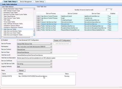 Illistration showing the Web Service code table with the DeviceComm configuration.